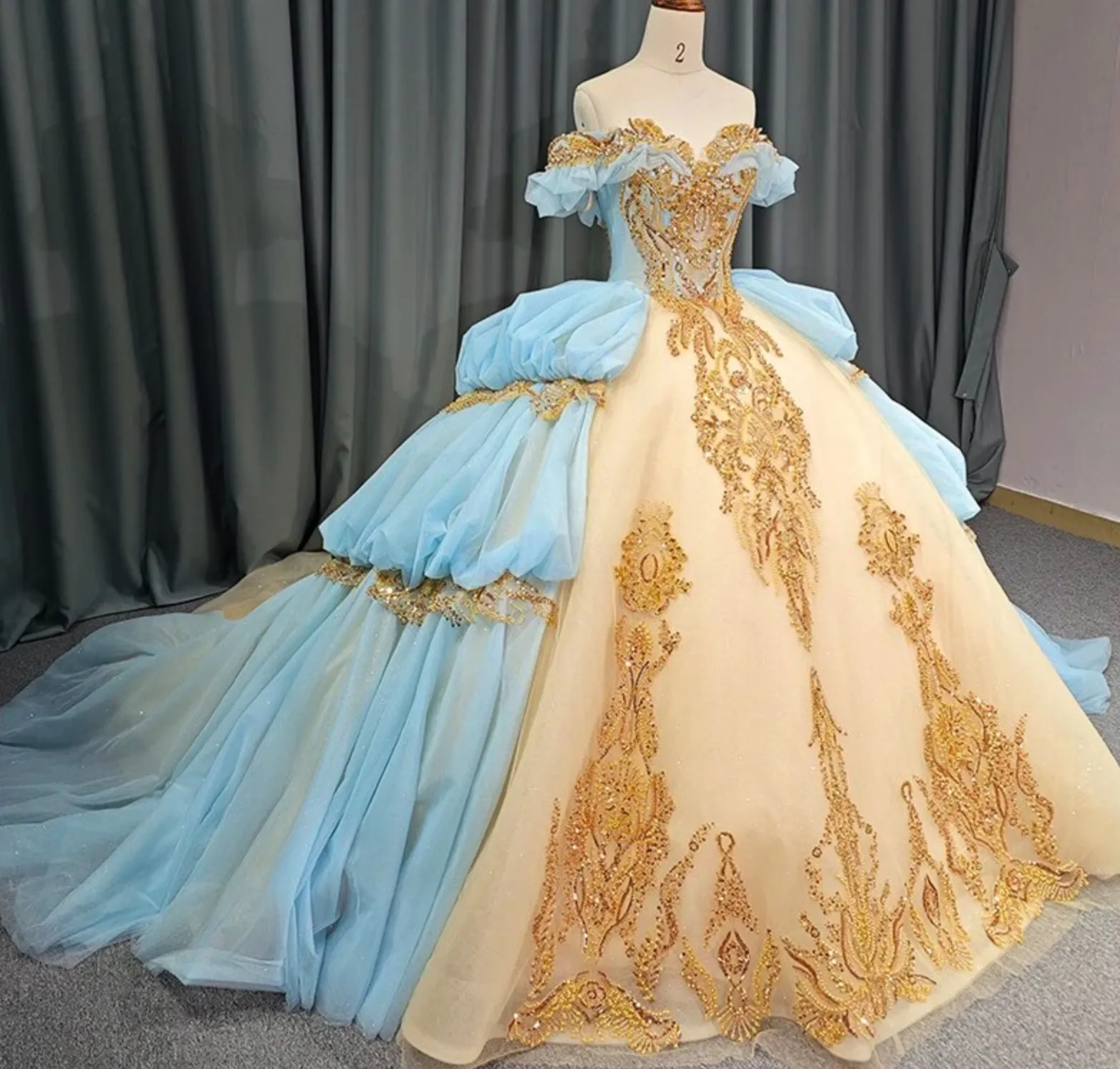 Baby Blue Gold Princess Quinceañera Dress