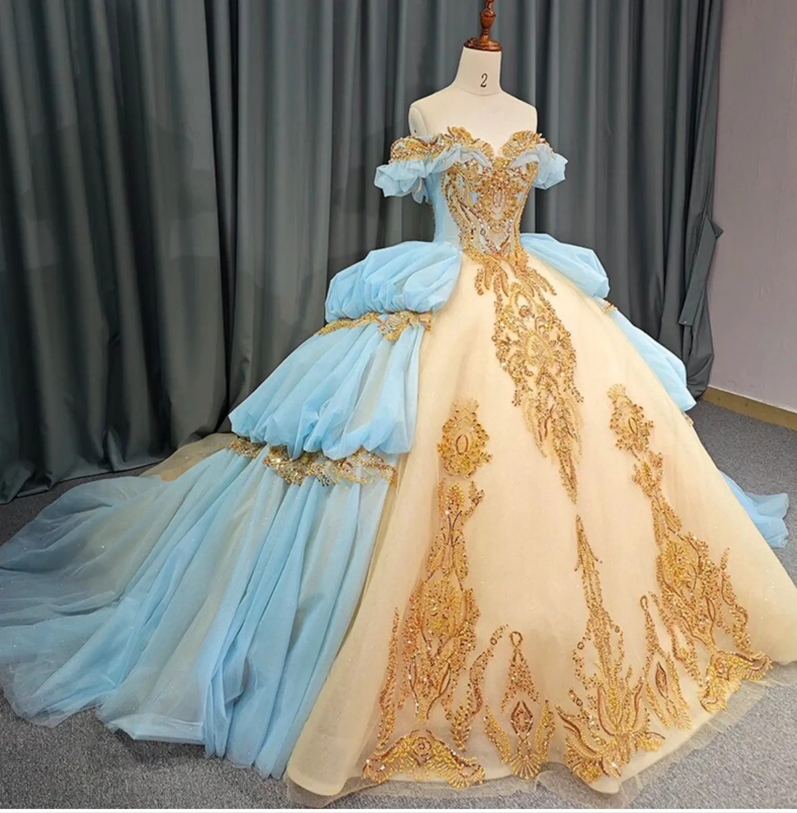 Baby Blue Gold Princess Quinceañera Dress
