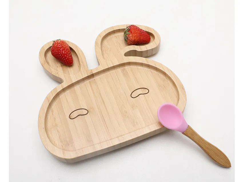 Baby Sucker Bowl Bamboo Cartoon Children'S Disk With Suction Cup Silicone Spoon Set Children'S Dinner Plate Bamboo Children'S Bowl