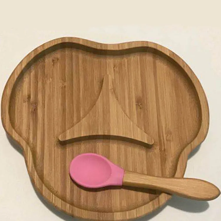 Baby Sucker Bowl Bamboo Cartoon Children'S Disk With Suction Cup Silicone Spoon Set Children'S Dinner Plate Bamboo Children'S Bowl