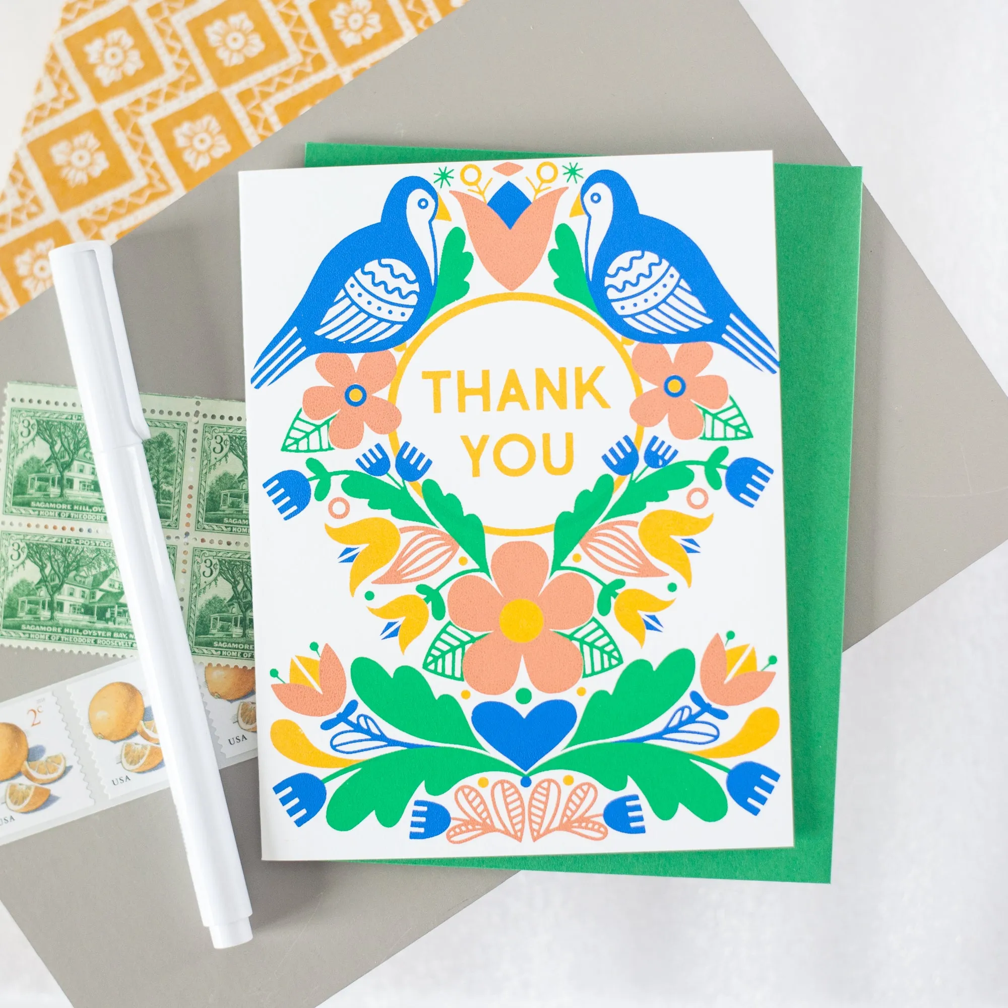 folk art thank you card, colorful thank you card