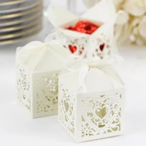 Ivory Shimmer Favor Boxes with Ornate Heart Design