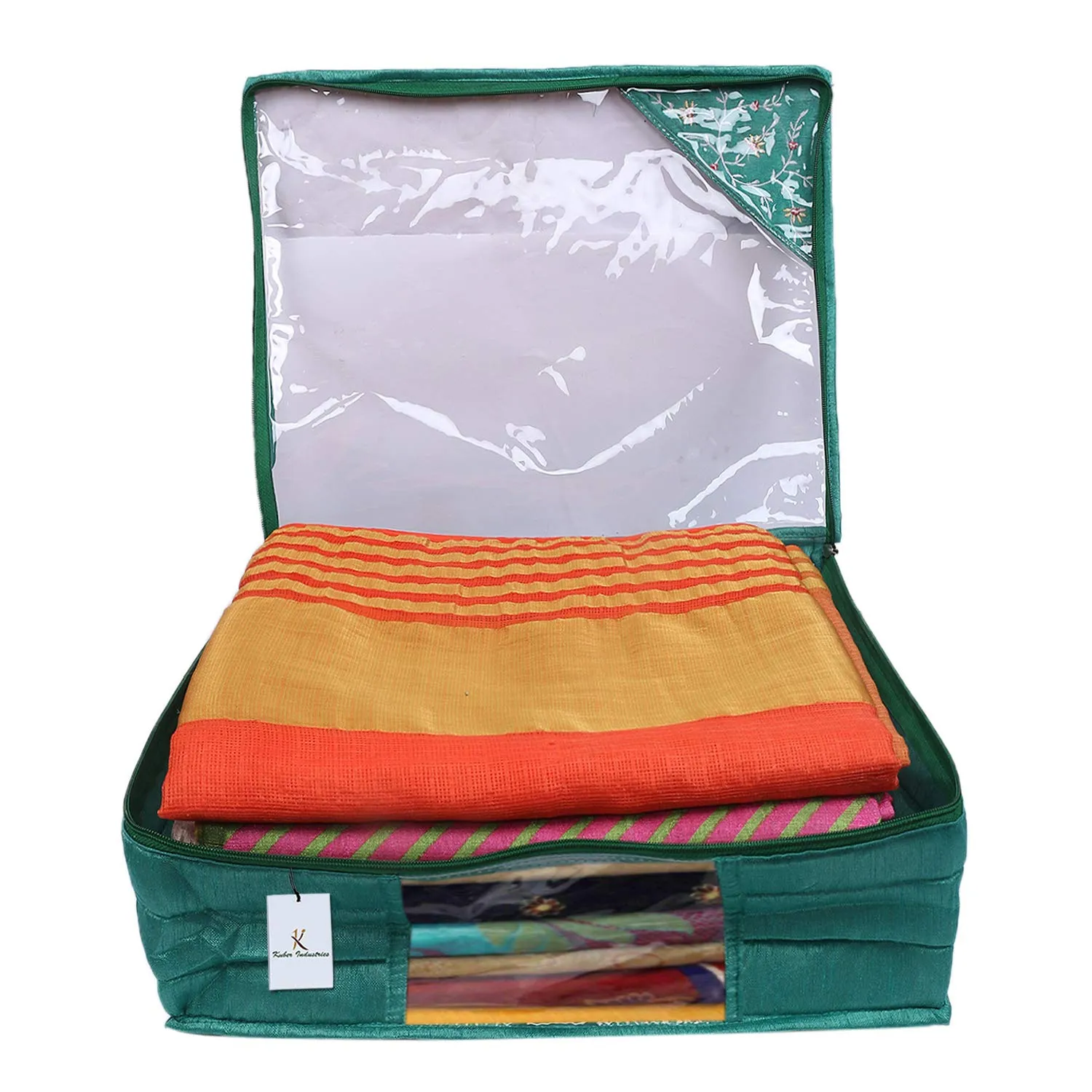 Kuber Industries 3 layered Quilted Silk 4 Pieces Saree Cover (Green) -CTLTC10640