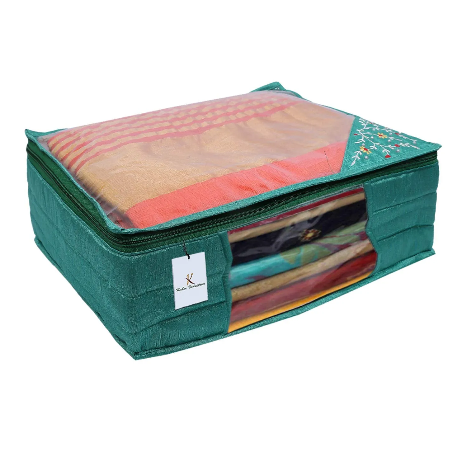 Kuber Industries 3 layered Quilted Silk 4 Pieces Saree Cover (Green) -CTLTC10640
