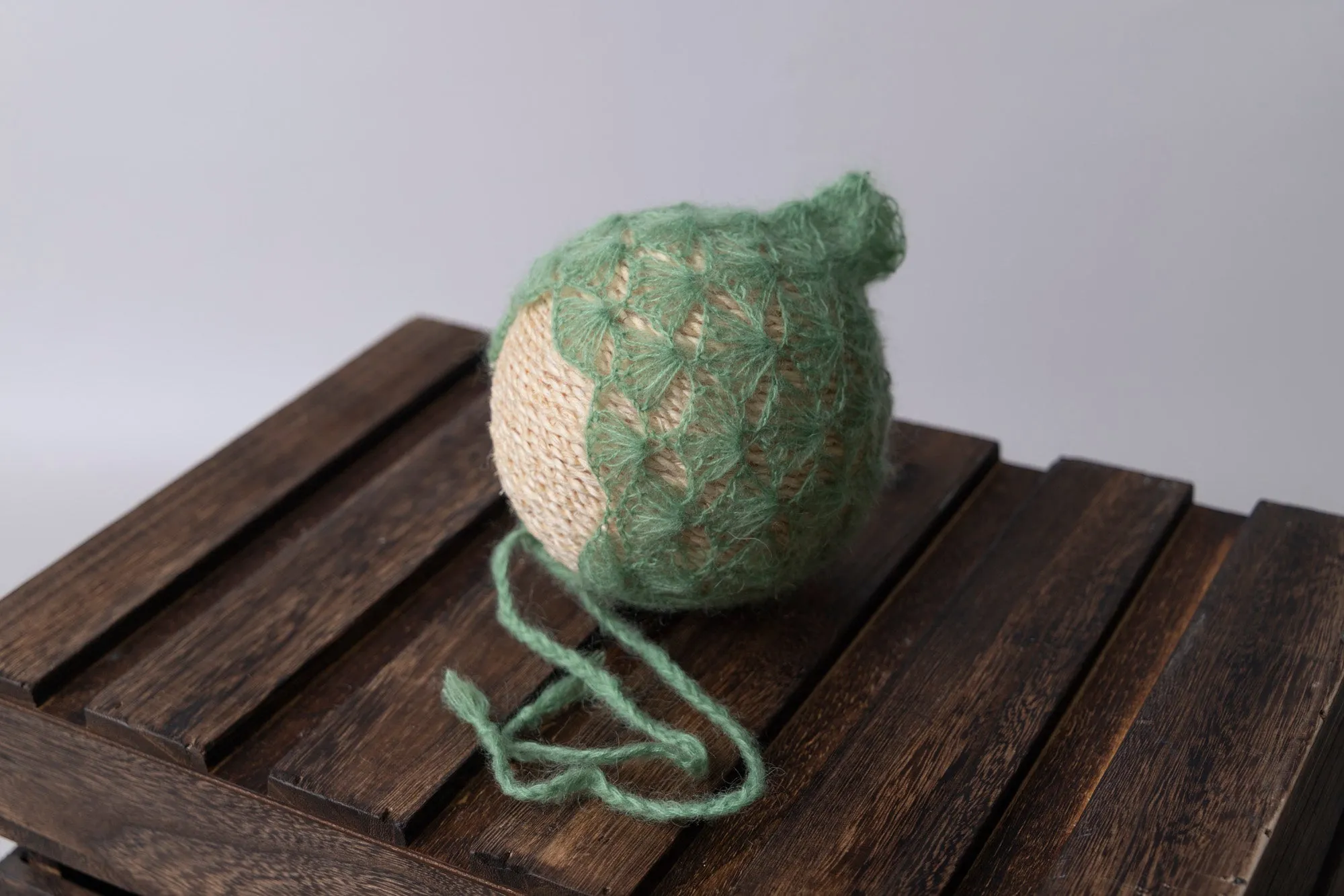 Ornate Pointy Mohair Bonnet - Sage