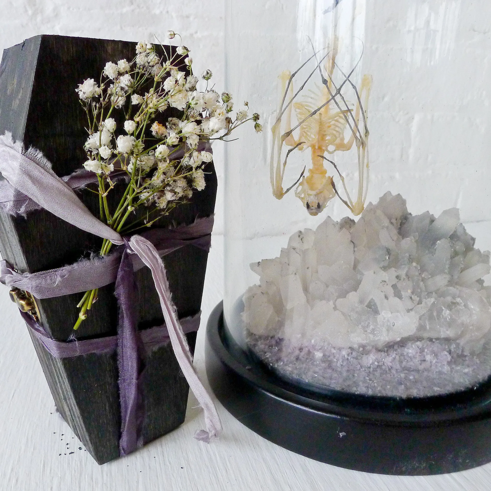 Real Bat Skeleton Hanging Over Smokey Quartz Cluster Stone in Glass Dome