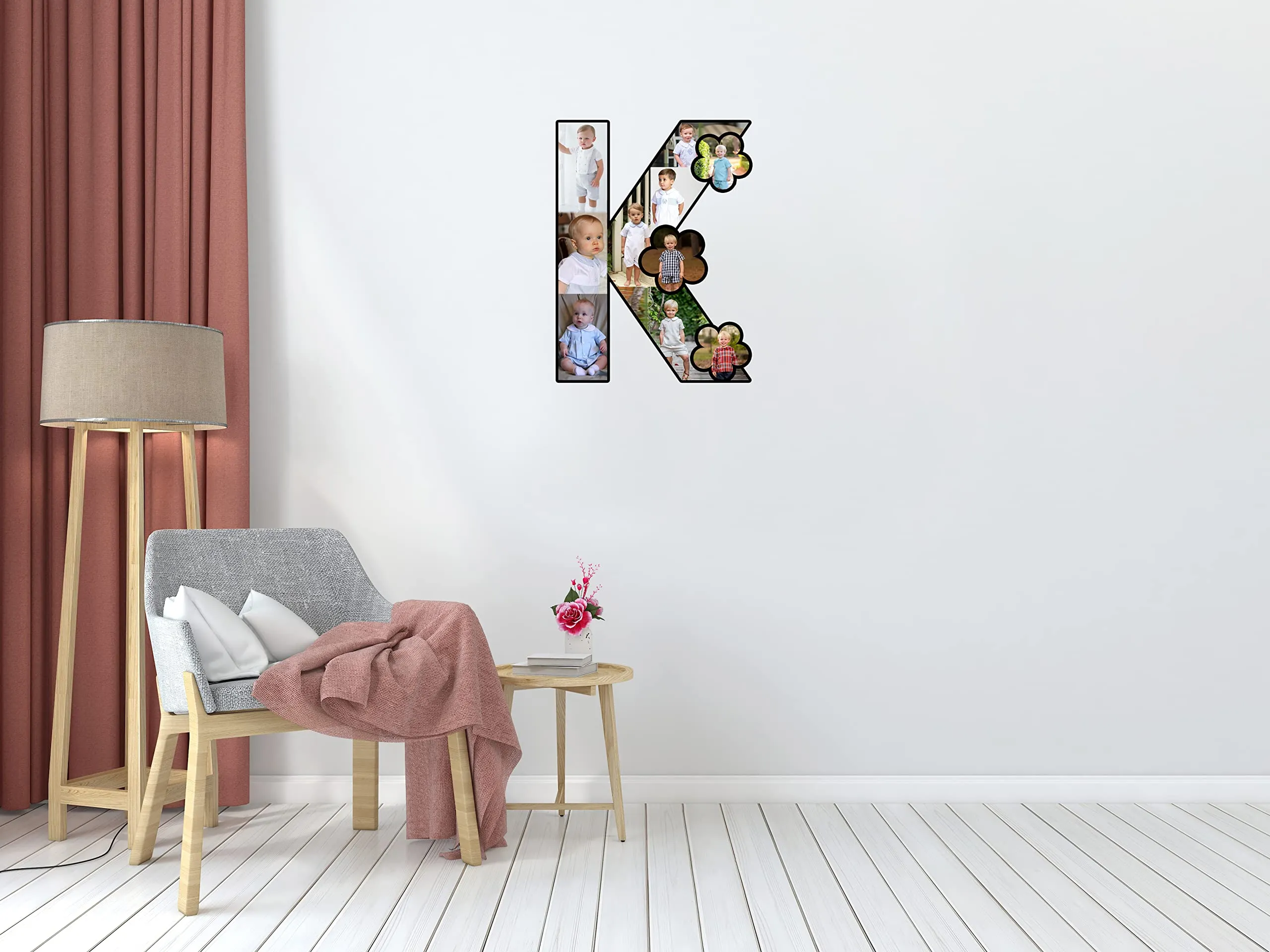Shri Kanth Art® K Shape Customized Wooden Flower Alphabet Shape Photo Frame for Gift and Home Decor (Multi_11 Inch X 8.5 Inch)