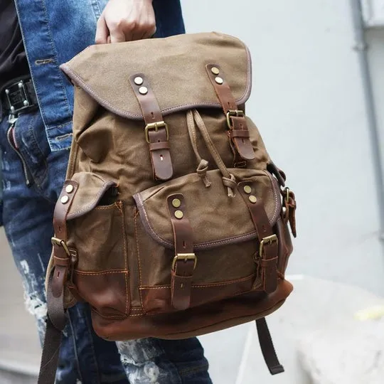Vintage Canvas Backpack Waterproof Traveling Hiking Rucksack