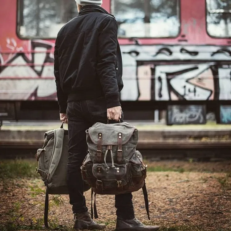 Vintage Canvas Backpack Waterproof Traveling Hiking Rucksack