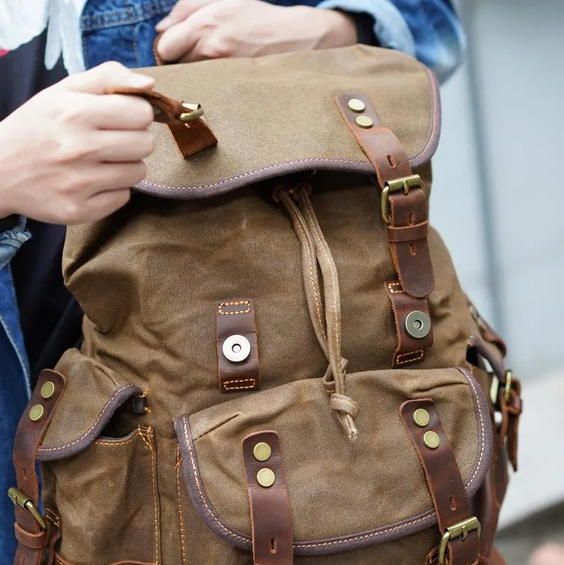 Vintage Canvas Backpack Waterproof Traveling Hiking Rucksack