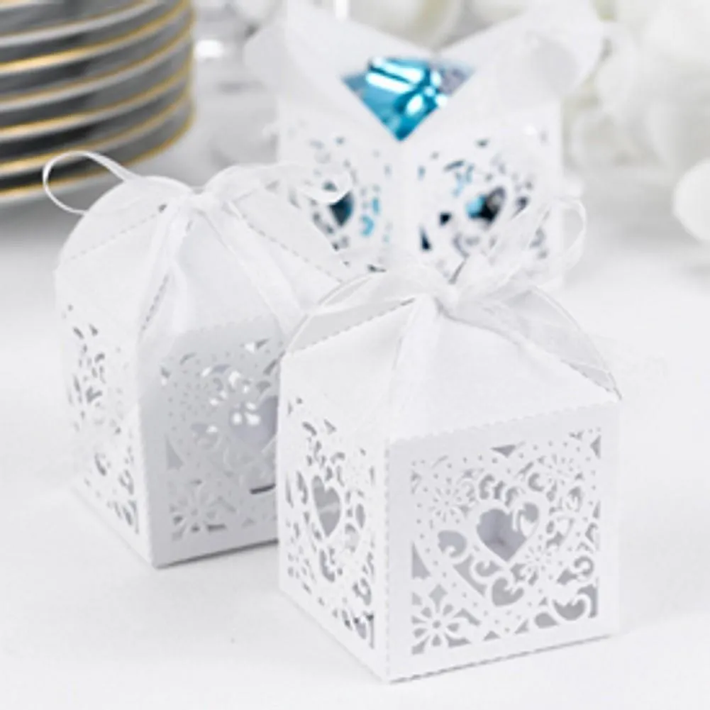 White Shimmer Favor Boxes with Ornate Heart Design