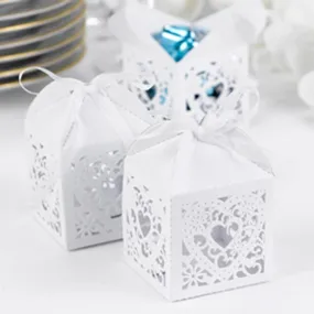 White Shimmer Favor Boxes with Ornate Heart Design