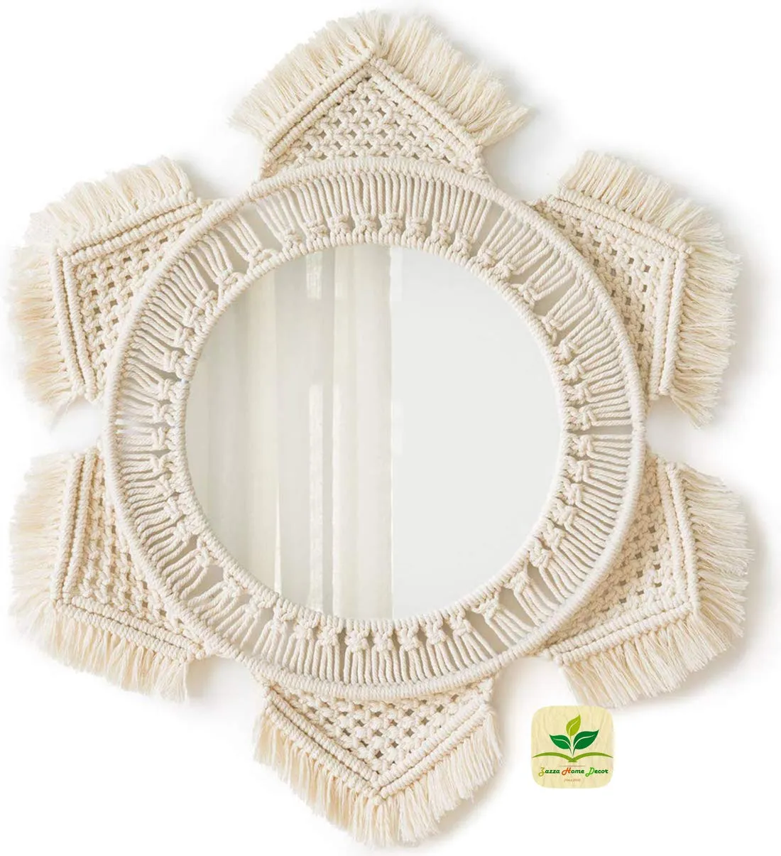 Zazza Home Decor Handmade Macrame Boho Wall Mount Hanging Rattan Round Mirror with Fringe (Off-White)