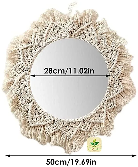 Zazzish House | Macrame Hanging Wall Mirror - Boho Fringe Round Handmade Decorative Mirror for Apartment Living Room Bedroom Baby Nursery Home Decor. (ZH - 005)