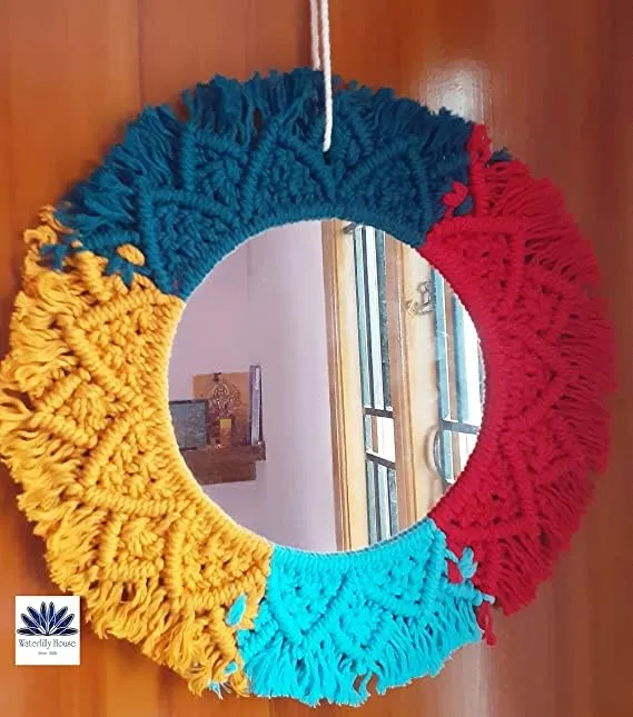 Zazzish House | Macrame Hanging Wall Mirror - Boho Fringe Round Handmade Decorative Mirror for Apartment Living Room Bedroom Baby Nursery Home Decor. (ZH - 005)