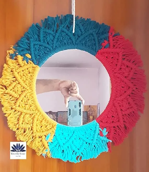 Zazzish House | Macrame Hanging Wall Mirror - Boho Fringe Round Handmade Decorative Mirror for Apartment Living Room Bedroom Baby Nursery Home Decor. (ZH - 005)